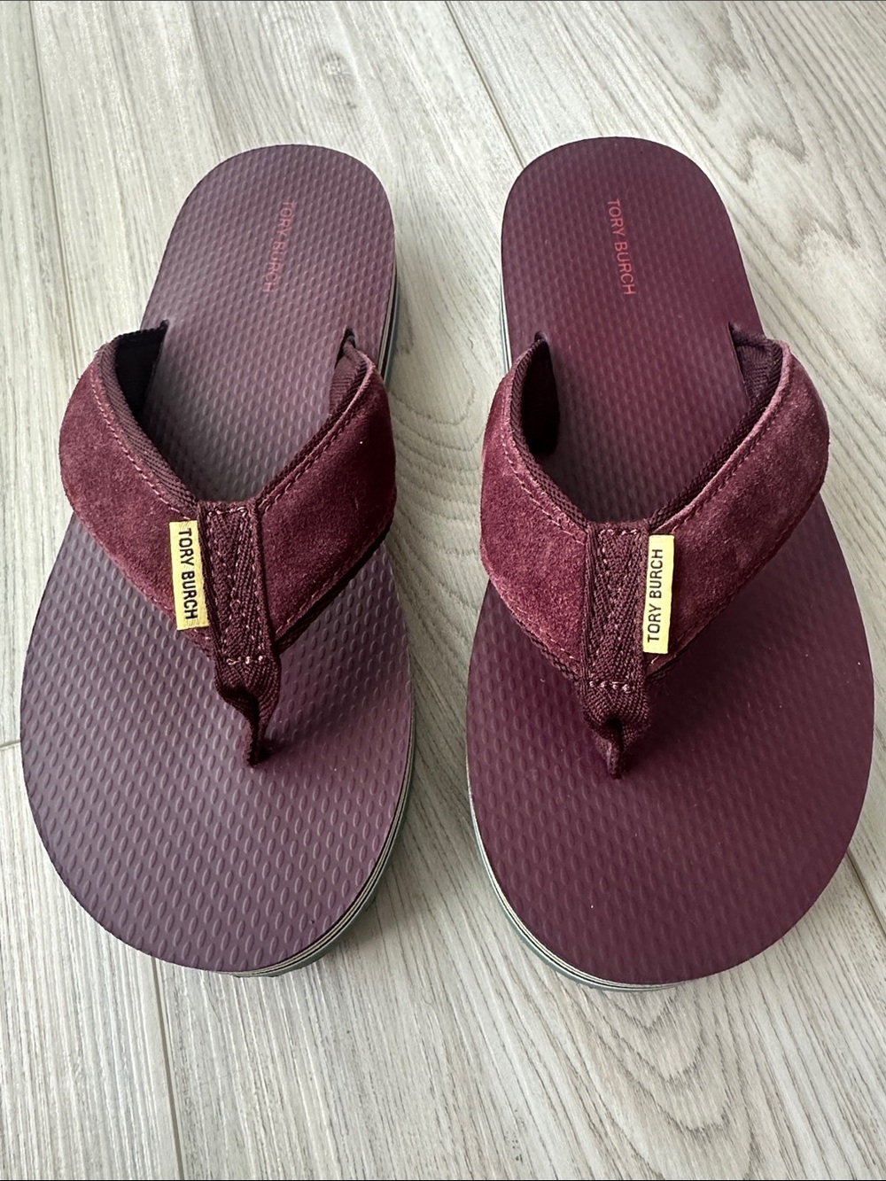 Tory Burch Burgundy Suede Platform Flip Flops with Multi-Striped Sole size 9 - Picture 3 of 8